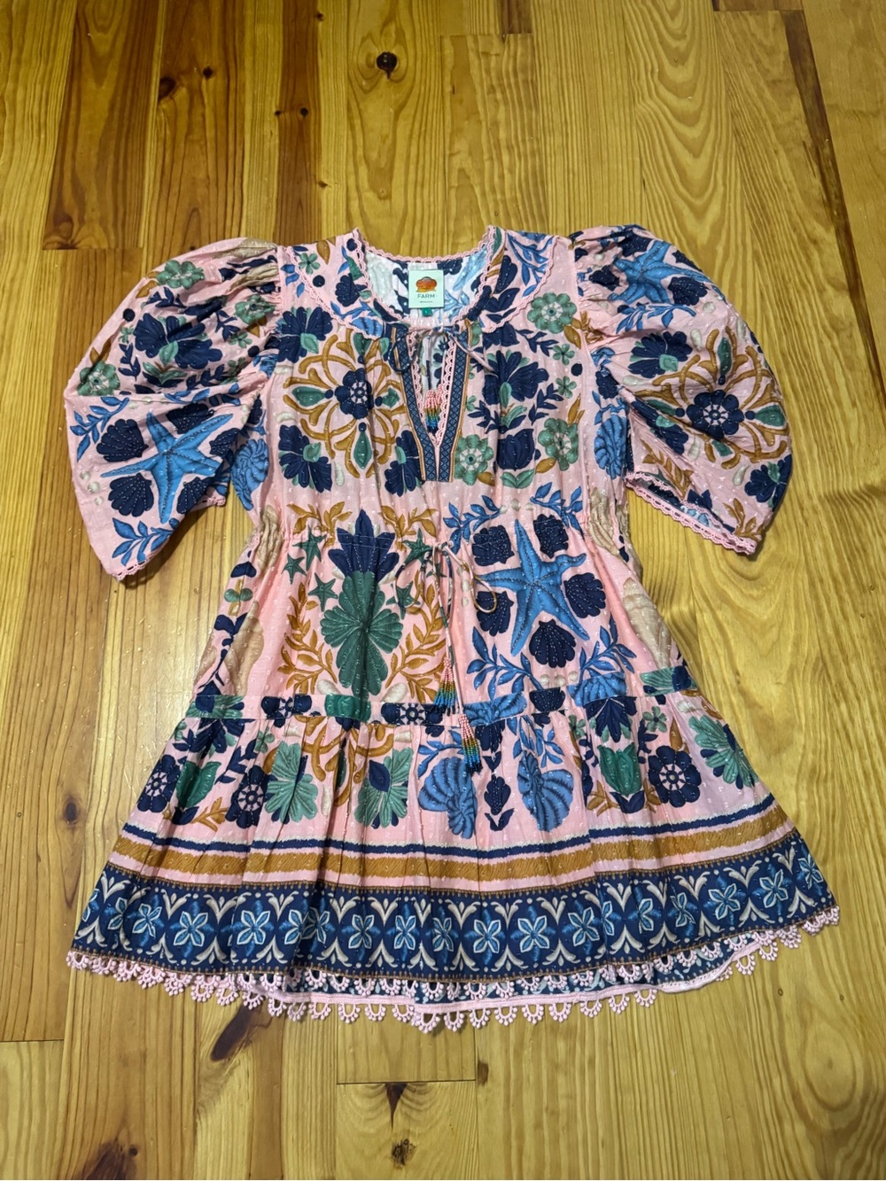Farm Rio Seashell Tapestry Pink Cotton Mini Dress Women’s Large - Picture 6 of 16